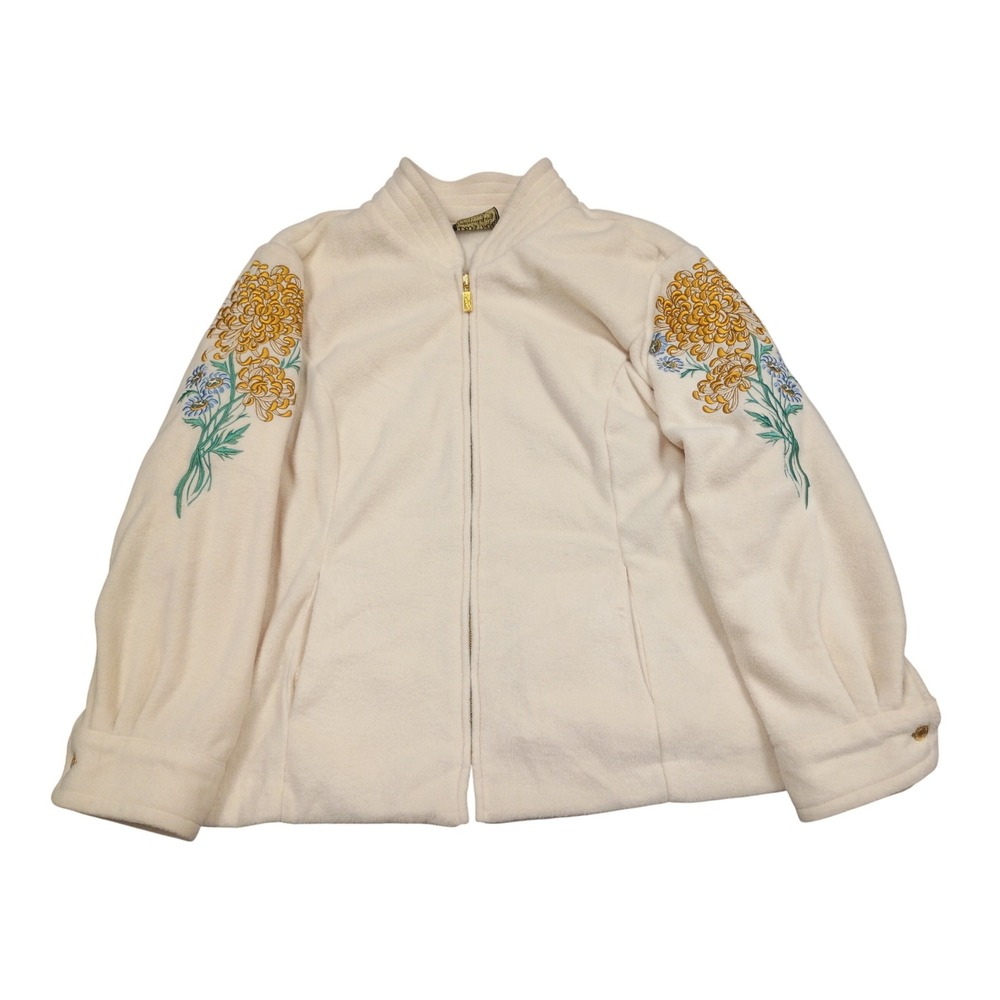 Bob Mackie Fleece Jacket Women 2X Cream Floral Embroidered Full Zip Wearable Art